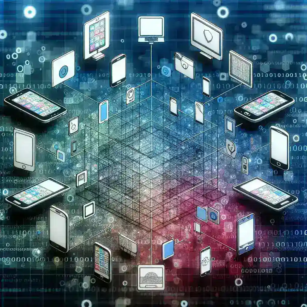 "Developers collaborating on cross-platform mobile app frameworks, showcasing tools and coding languages for modern mobile development solutions."