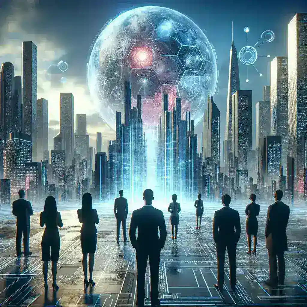 "Illustration depicting the apprehension of corporate leaders towards AI open world simulation capabilities, with visual elements representing advanced technology, data privacy concerns, and the impact on business strategies."