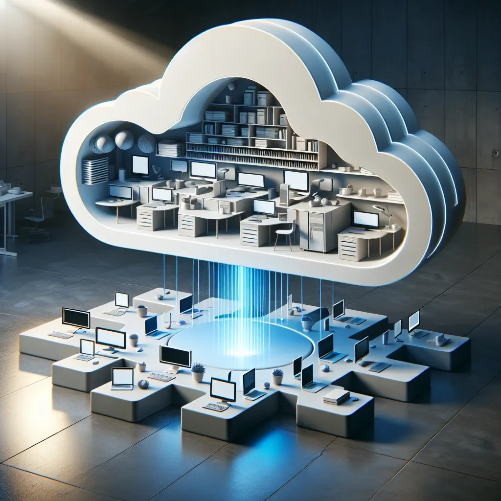 "Infographic showcasing the benefits of cloud desktop virtualization platforms, highlighting features such as remote access, cost efficiency, and enhanced collaboration for modern workspace solutions."