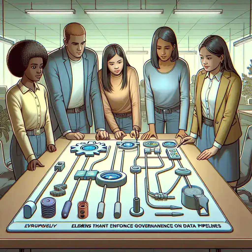 "Infographic illustrating essential tools for enforcing governance on data pipelines, highlighting features such as compliance monitoring, data quality management, and access controls, presented in a comprehensive guide."