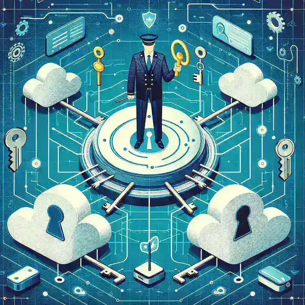 "Illustration of managing permissions and Identity Access Management (IAM) across multiple cloud providers, showcasing interconnected cloud services with secure user access controls."